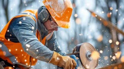 Industrial welder wearing a mask uses an angle grinder to cut sparks from thick steel in a factory