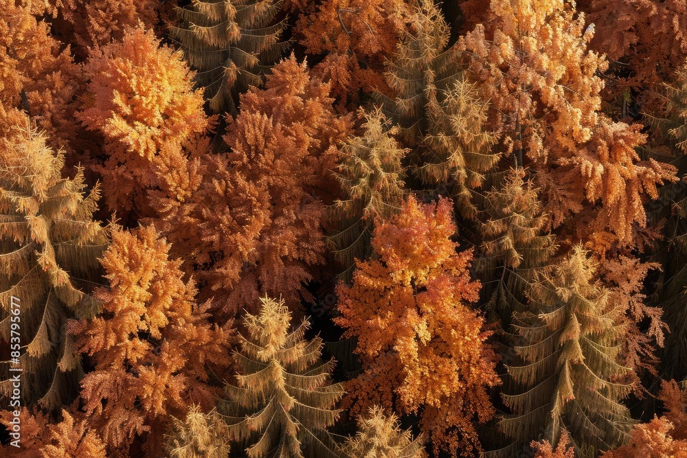 Poster aerial view of a dense forest with trees showcasing vibrant autumn foliage in various shades of oran