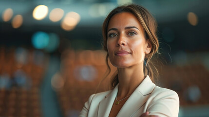 Female CEO businesswoman deliver inspirational speeches at corporate events and annual conferences with confidence and inspiration style