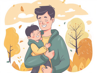 Obraz premium A heartwarming illustration of a father holding his smiling child in a park during autumn, with colorful falling leaves and trees in the background, capturing the essence of family joy and bonding.