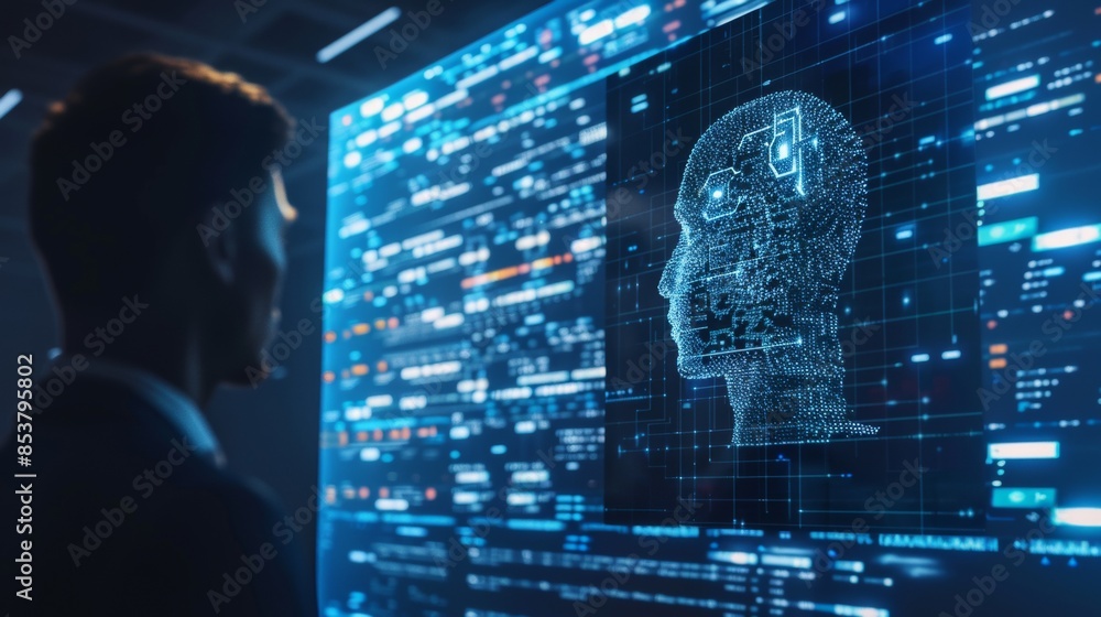 Poster a man is looking at a computer screen with a face on it