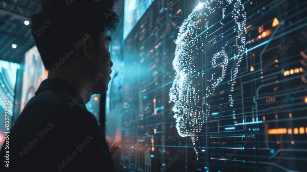 Poster a man is looking at a computer screen with a face on it