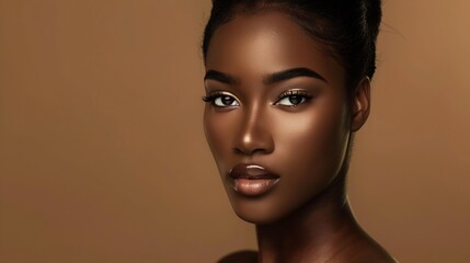 Fototapeta premium Skincare wellness and portrait of a black woman in a studio for a cosmetic makeup or facial routine Health beauty and young model with natural face and skin treatment isolated by brown : Generative AI