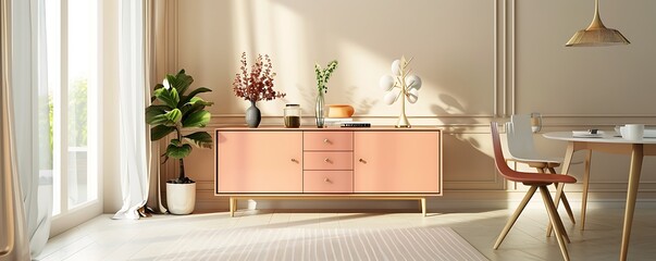 Stylish tangerine minimalist sideboard in a serene dining room with sleek finishes and ample storage, providing a stylish and functional piece"