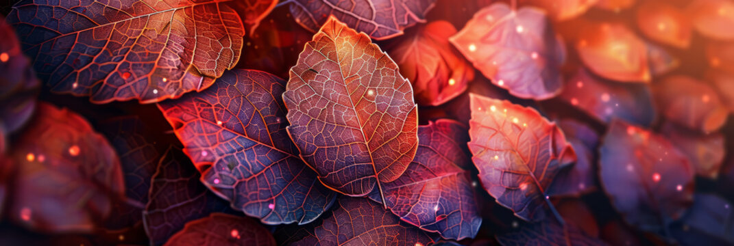 Stylized autumn leaves with intricate patterns and vibrant colors on a textured, neutral background.