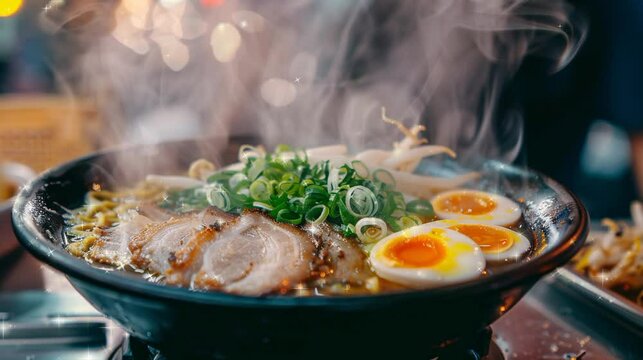 Delicious steaming ramen noodle bowl with savory broth, vegetables, and soft-boiled egg