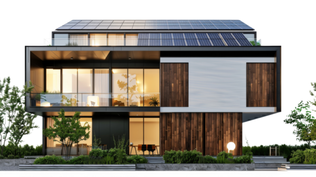 Modern real estate house with solar panels, on transparent background