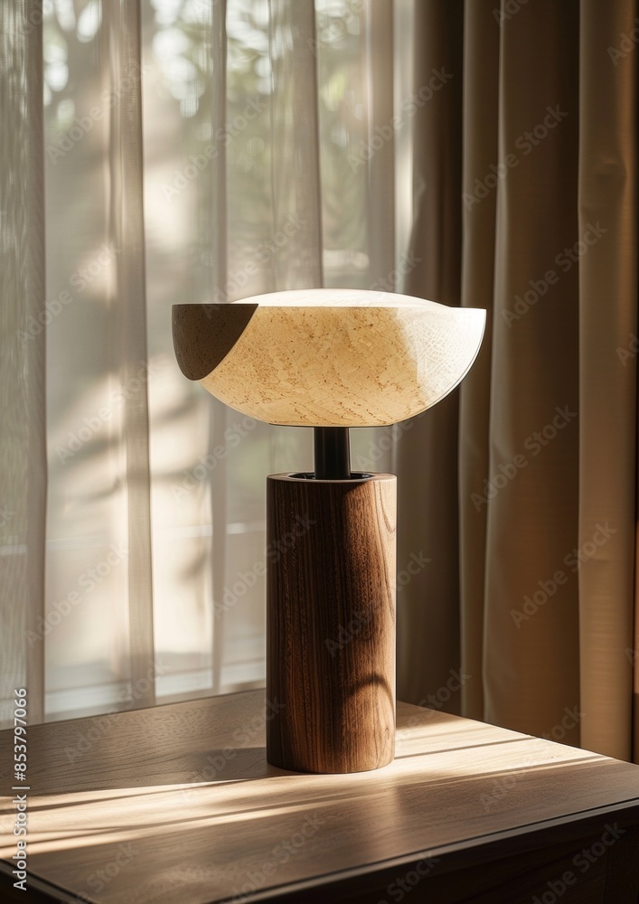 Poster a lamp with a wooden base sits on a table in a room with a curtain