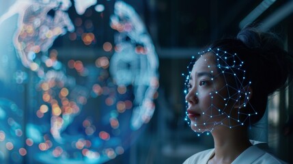 A woman is looking at a computer screen with a globe in the background