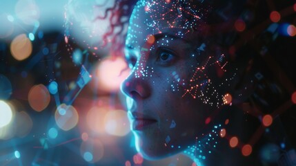 A woman's face is projected onto a screen with a blue background