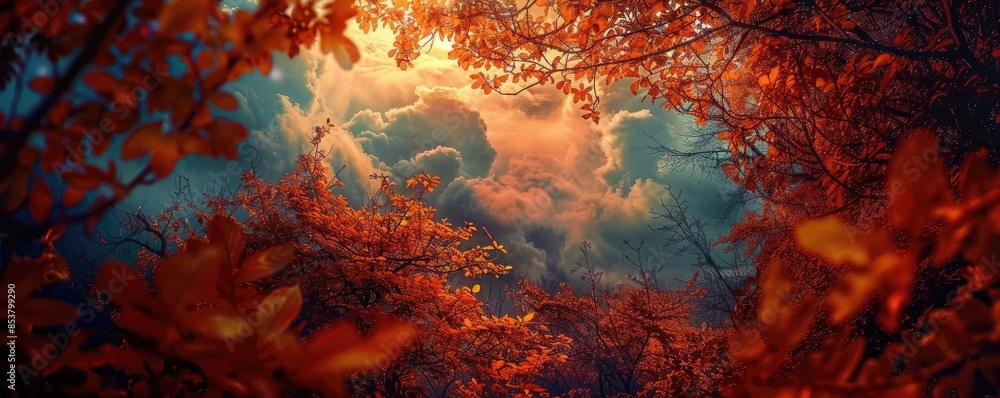 Poster enchanting autumn forest with a vibrant canopy of red-orange foliage and a view of the sky bathed in