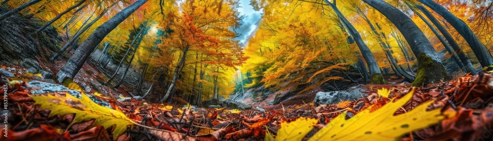 Poster panoramic view of a colorful forest floor covered in autumn leaves with tall trees under a vivid blu