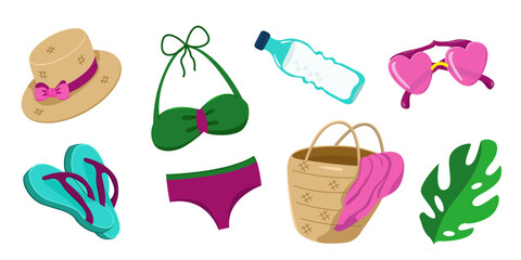 Vector set of clothes and accessories for the beach. Summer beach fashion. Clothes for relaxing at sea and on the beach.