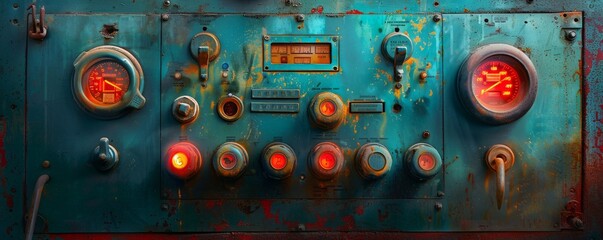 Fototapeta premium Advanced Technology Close-Up of Cement Mixer Control Panel in Operation with Illuminated Buttons and Dials