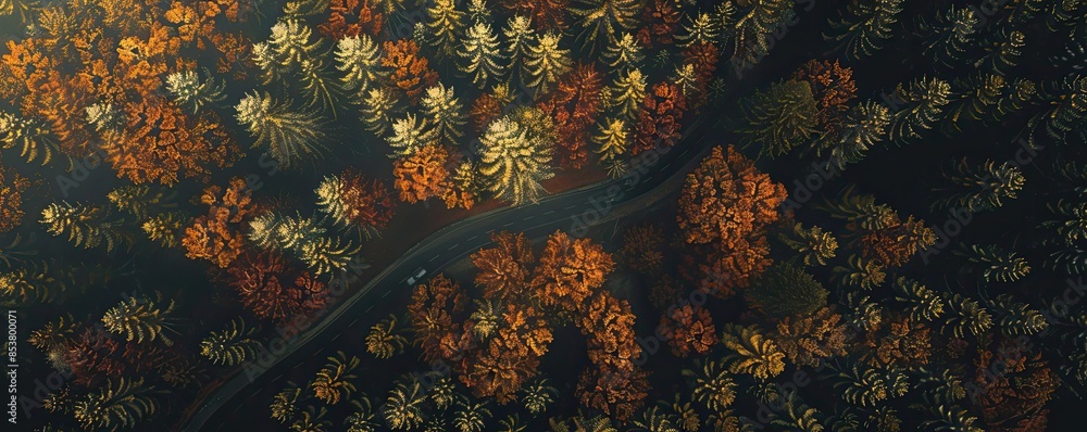 Poster aerial view of a forest during autumn with vibrant foliage colors and a winding road cutting through