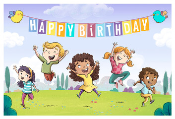 Niños celebrando una fiesta de cumpleaños en el campo