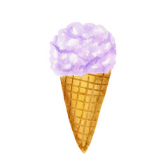 Watercolor illustration of lavender ice-cream cone. Hand drawn sweet summer colorful dessert