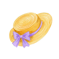 Watercolor summer hat illustration with lavender bow