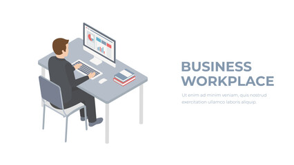 Office workplace. Businessman looking at the laptop screen. Man working at the computer. Flat 3d vector isometric illustration