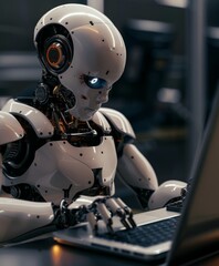 A robot creating social media graphics using advanced AI software.