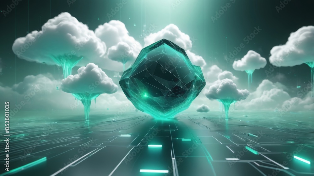 Poster Design an abstract background with futuristic clouds of data, symbolizing secure data backup and storage.