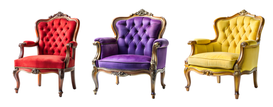 Set of vintage luxury armchairs in isolated transparent background. Concept of beautiful and vintage furniture.