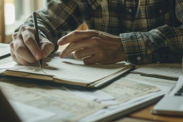 A man is writing in a notebook with a pen