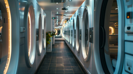 Obraz premium A long, illuminated corridor filled with futuristic pods, designed for individual rest or work, exuding a sleek and modern aesthetic, reminiscent of a space station.