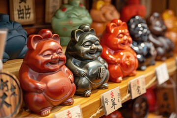 A row of small figurines with smiling faces and Asian writing
