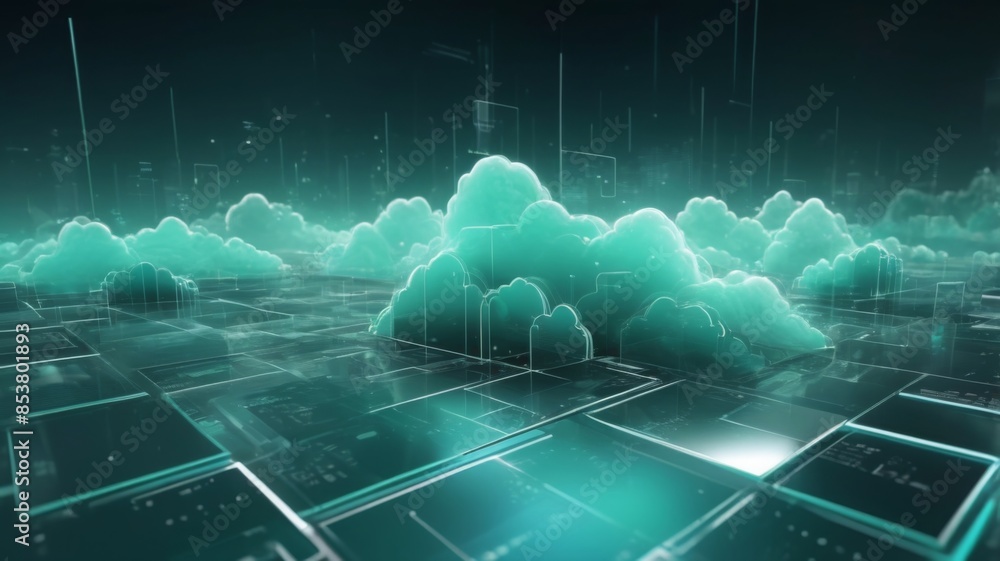 Poster Design an abstract background with futuristic clouds of data, symbolizing secure data backup and storage.