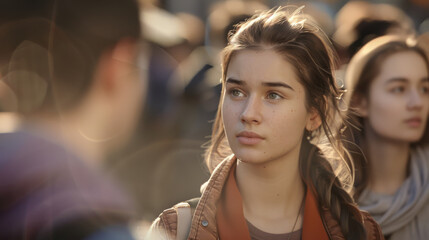 A young woman with a scarf stands still in a crowded scene, her serious expression conveying deep thought amidst a bustling city backdrop.