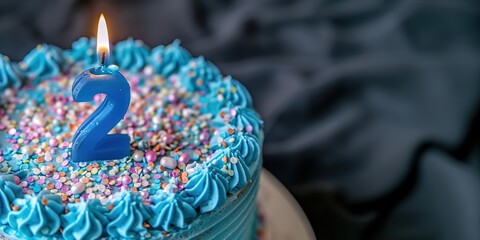 A lit number 2 candle adorns a blue frosted birthday cake with colorful sprinkles.