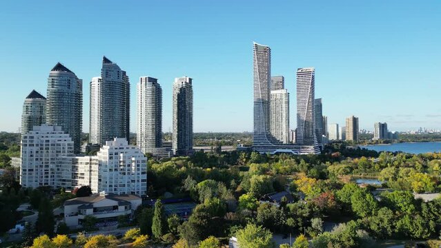 Aerial drone footage of highrise buildings in Humber Bay Etobicoke Toronto Canada on a sunny day with blue sky