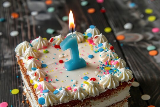 A first birthday cake with a lit candle and colorful sprinkles on a wooden table.