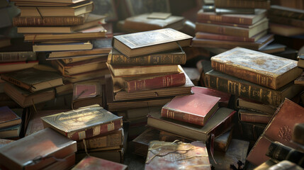 Obraz premium A cozy pile of vintage books lies in gentle disarray, illuminated softly by golden light, creating an atmosphere filled with charm, history, and literary allure.