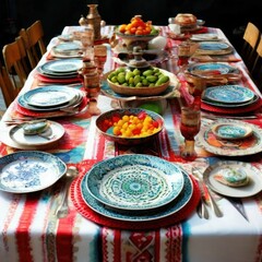 Fototapeta premium AI-Generated Vibrant Traditional Dining Table with Colorful Plates and Fresh Fruits