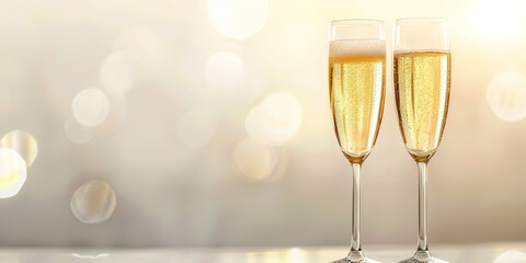 Two champagne glasses against a blurred background with warm light.