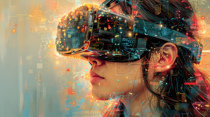Digital art illustrating technology and innovation of virtual reality and augmented reality. A woman with VR headsets and AR applications, immersive technology and futuristic digital experiences.