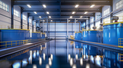 Fototapeta premium Industrial tanks dominate a high-ceilinged, well-lit factory interior with their reflective surfaces creating a mesmerizing visual depth.