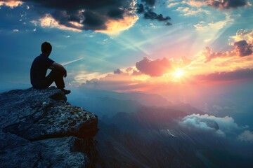 Obraz premium A man is sitting on a mountain top, looking out at the sunset