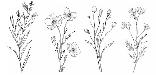 Vector set of hand drawn wild flowers isolated on white background, vector illustration in thin line style,