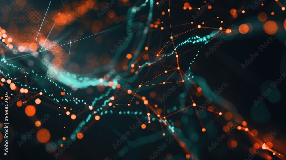 Poster abstract art of digital network with glowing orange and blue dots on a dark background. digital art 