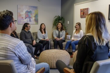 Obraz premium A group of people are sitting in a room and talking to each other