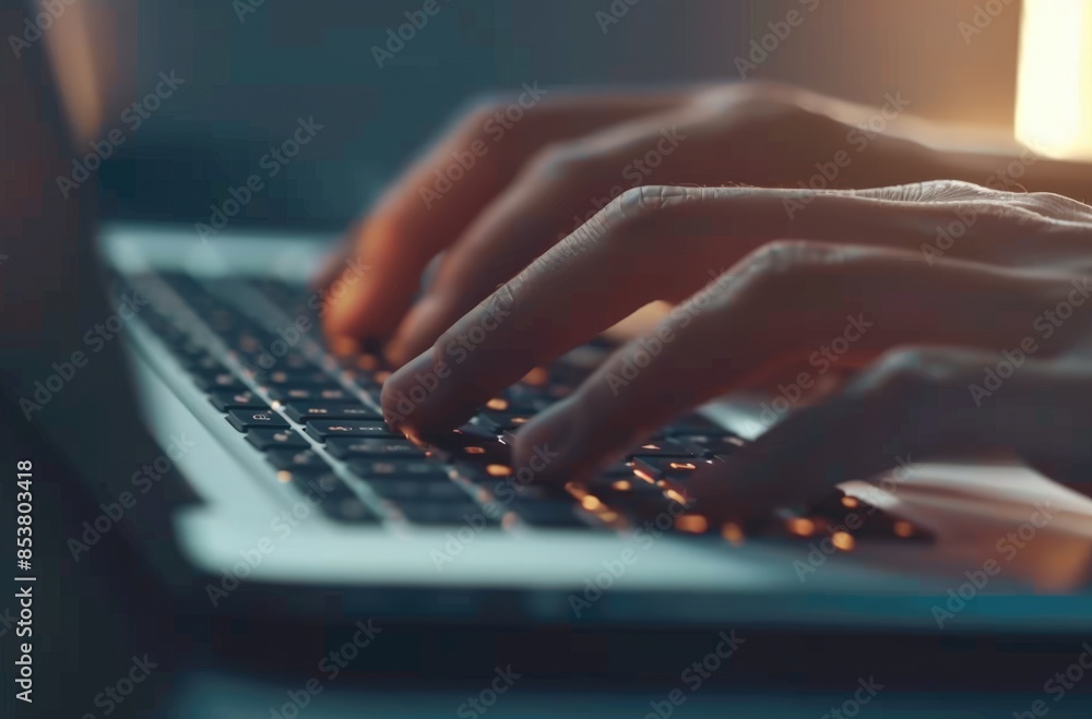 Poster closeup image of hands typing on a laptop keyboard with ambient lighting, illustrating computer work