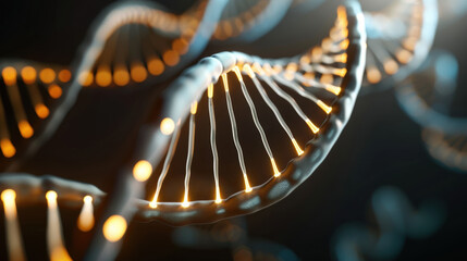 A close up of a DNA strand with a yellow glow