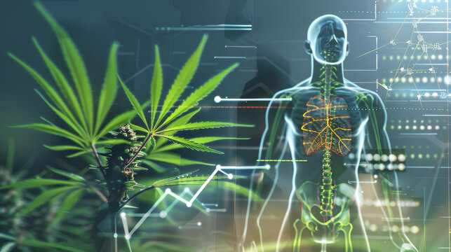 Conceptual image of cannabis plant and human anatomy highlighting endocannabinoid system.