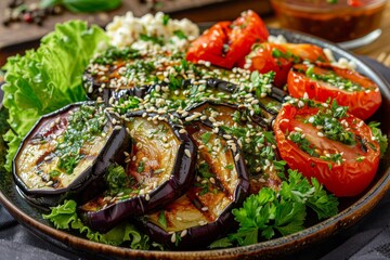 Baked Vegetables and Cottage Cheese Salad Close Up, Grilled Eggplants, Tomatoes and Sweet Pepper