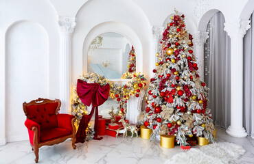 Cozy home interior with Christmas tree, gifts and garlands.
