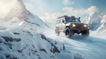 A resilient off-road vehicle embarks on a snowy adventure amidst high altitudes, majestic white peaks, and crisp, invigorating air.