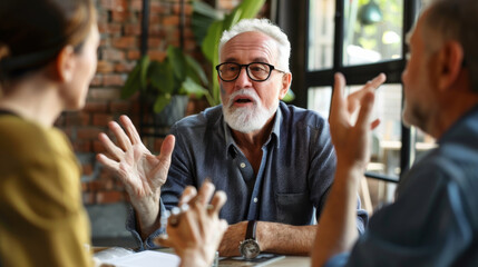 Mature man engages in a lively discussion with two other people in a modern, sunlit café, emphasizing his points with animated gestures.